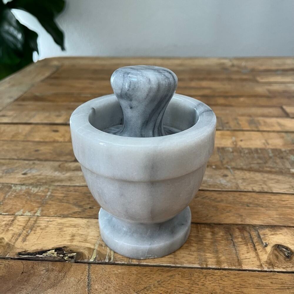Polished Marble Mortar and Pestle Set Gray and White Heavy - Picture 8 of 12